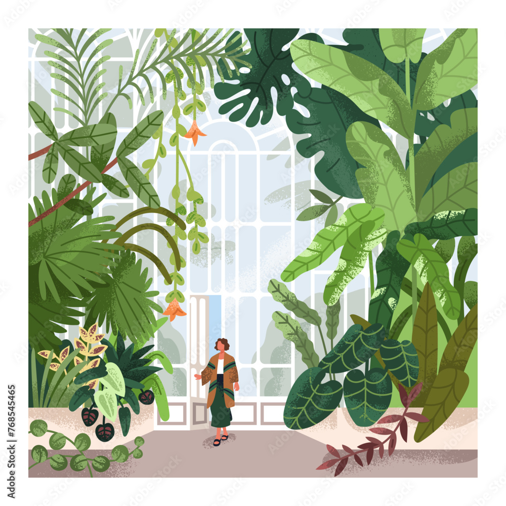 Fototapeta premium Woman in greenhouse, conservatory, botanical garden, park. Person walking in hothouse, green glass house indoor with greenery, exotic tropical leaf plants growing, nature. Flat vector illustration