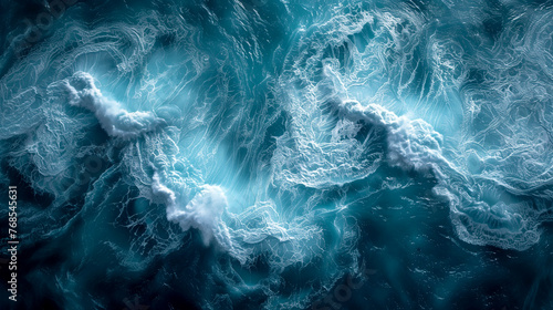 Mesmerizing view of waves in the ocean. Dark blue color. Mystical spectacle. View from a drone.