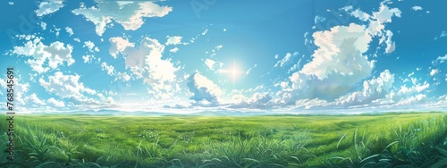 panoramic view of a green grass field with a blue sky and white clouds