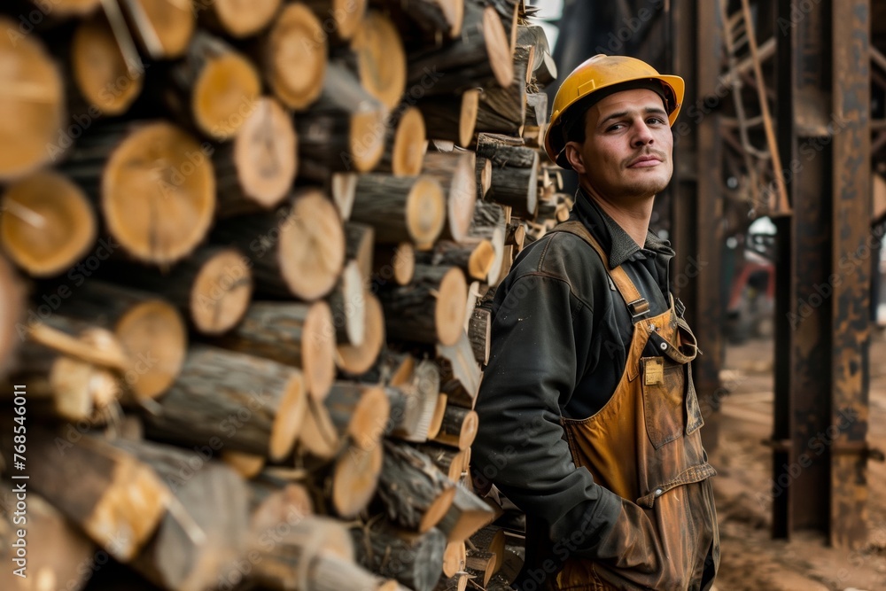 portrait of a worker leaning against a massive woodpile portrait of a worker leaning against a massive woodpile