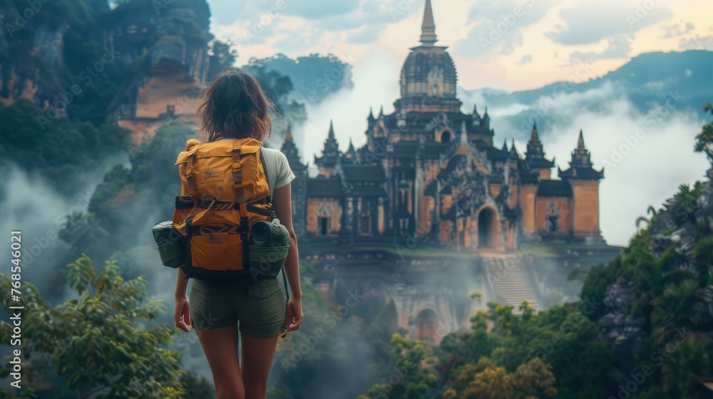 The beauty of travel and adventure with a dynamic shot of a solo traveler exploring an exotic destination - obrazy, fototapety, plakaty 