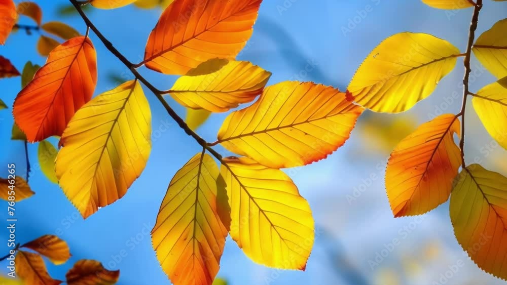 A of leaves each one delicately backlit by the sun creating a beautiful mosaic of colors against a clear blue sky. A of leaves each one delicately backlit by the sun creating a beautiful mosaic of colors against a clear blue sky.