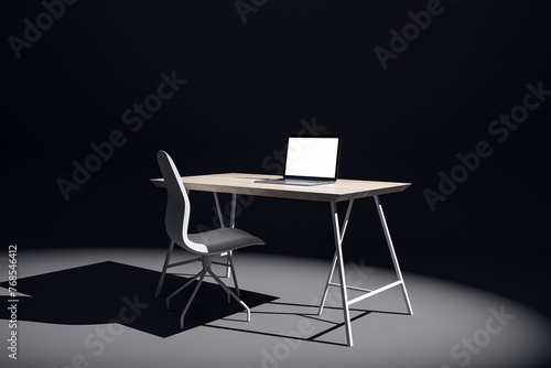 Modern dark spotlight office interior with white mock up laptop on wooden desk. 3D Rendering. © Who is Danny
