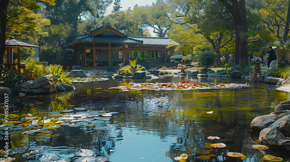 A serene Japanese tea garden, with tranquil ponds as the background, during a traditional tea ceremony