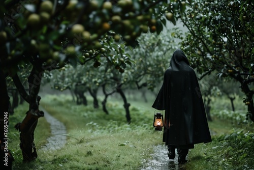 person in cloak walking with lantern in a rainy orchard
