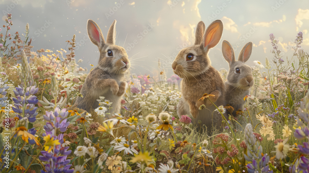 A realistic portrayal of two rabbits as they explore a meadow brimming with diverse flowers and greenery A realistic portrayal of two rabbits as they explore a meadow brimming with diverse flowers and greenery