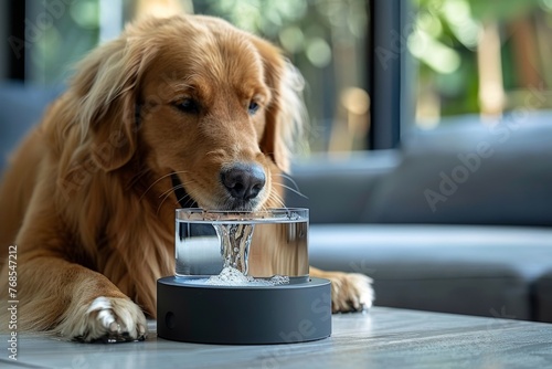 Modern pet water dispenser with a cozy ambience and a pet paw © Georgii