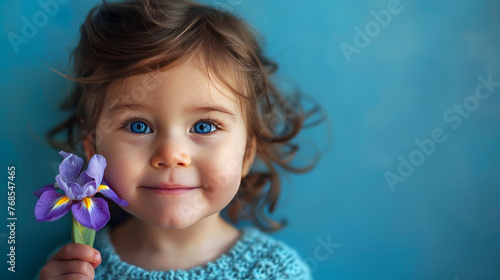 Child with Striking Blue Eyes Holding a Violet Iris Flower, Gentle Smirk on Blue Background