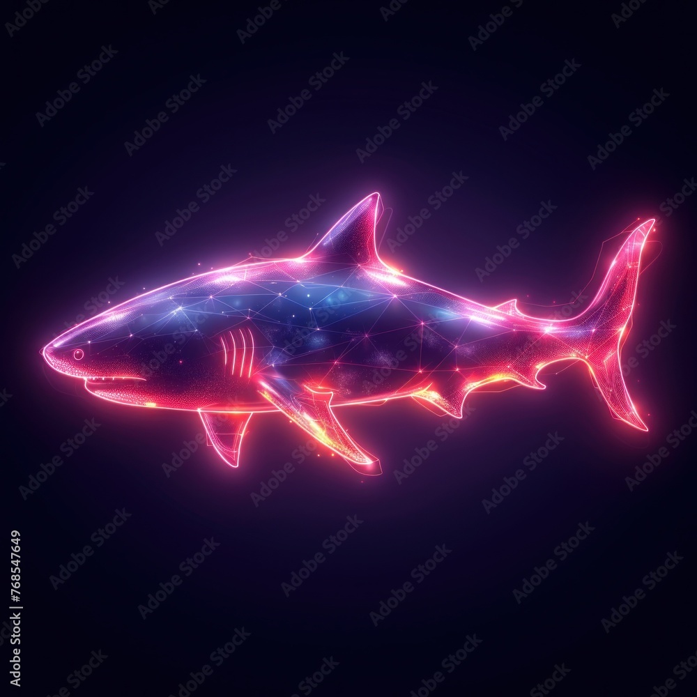 Obraz premium Vibrant Neon Shark Illustration on a Dark Background Representing Modern Graphic Design