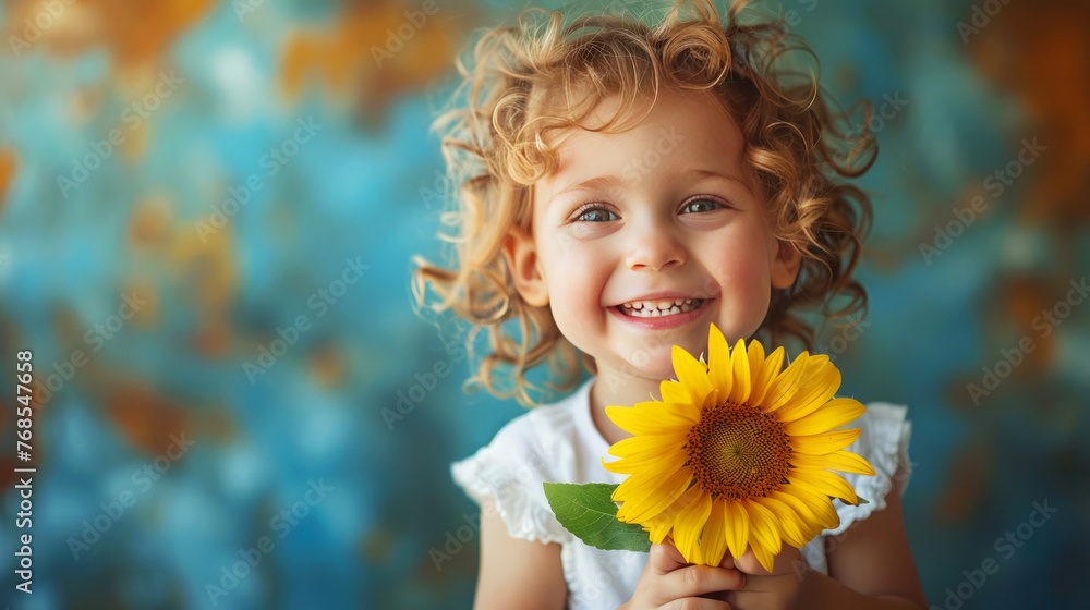 Laughing Child with Curly Locks Holding Sunflower, Exuberant Summer Vibe Laughing Child with Curly Locks Holding Sunflower, Exuberant Summer Vibe