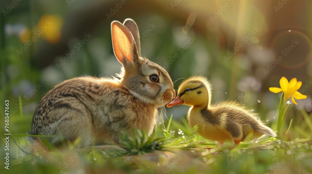 A heartwarming digital image of a rabbit and a duckling together in a meadow, symbolizing friendship and care