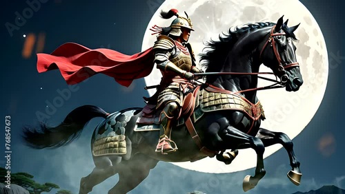 Japanese knight on the horse. Seamless looping time-lapse 4k video animation background