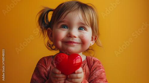Adorable Toddler with Plush Red Heart Grinning on Soft Yellow Background