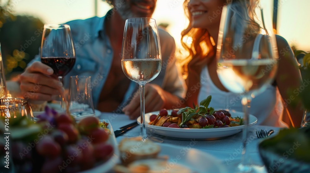 Romantic couple enjoying a wine dinner at sunset