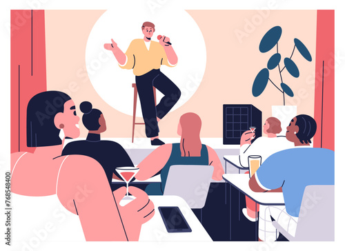 Standup comedy show, open mic. Comic, comedian performing on stool with microphone on stage in front of audience, public in stand-up club, live humor concert, performance. Flat vector illustration