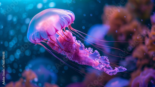A captivating image of a jellyfish, bathed in ethereal light and neon colors, evokes a sense of underwater fantasy © road to millionaire