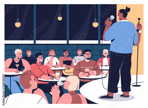 Audience at stand-up comedy show, open mic. Black man, comedian at microphone on stange. Comic performing, speaking in front of public in standup club, live humor concert. Flat vector illustration
