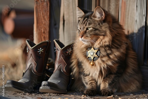 fluffy feline wearing sheriff badge on collar, next to spurs photo