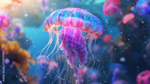 Captivating image of a colorful jellyfish surrounded by a myriad of tiny bubbles in the deep blue sea