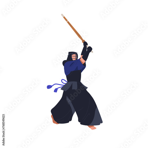 Kendo fighter. Japanese martial art, fight. Japan athlete in defending pose, defense stance, position. Asian character with bamboo sword, weapon. Flat vector illustration isolated on white background