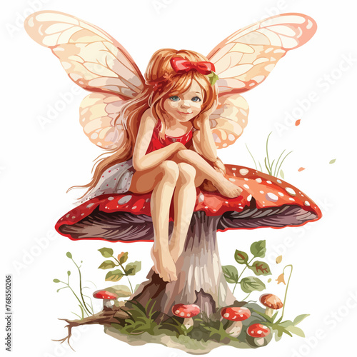 Little fairy sitting on mushroom clipart