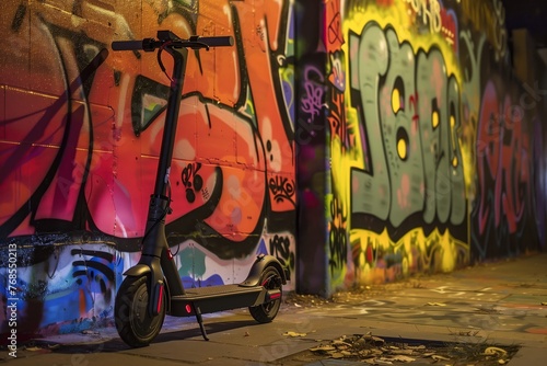 electric scooter parked by a colorful graffiti wall at night