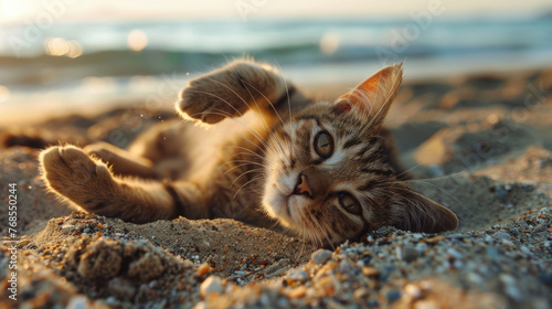 Cat Having Fun in the Sun on the Beach