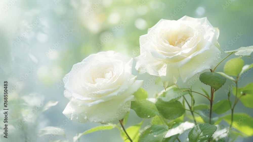 Double exposure light with white roses frame greeting card template with copy space Double exposure light with white roses frame greeting card template with copy space