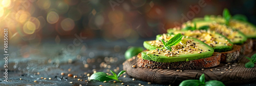 Sliced avocado on toasted multigrain bread with sesame, flax seeds, and chili flakes. Healthy vegan breakfast concept photo