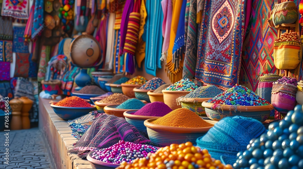 A vibrant and bustling Moroccan souk, filled with an array of colorful spices, textiles, and other goods.