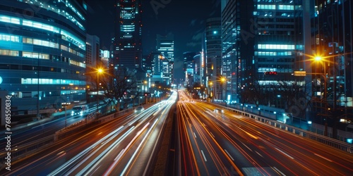 the energy of a bustling cityscape at night  with streaks of light from passing cars and illuminated skyscrapers