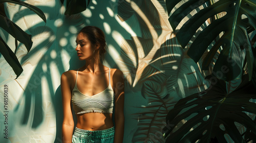 woman in the jungle, woman standing next to many monsterra palm tree leaves in the shadow instagram