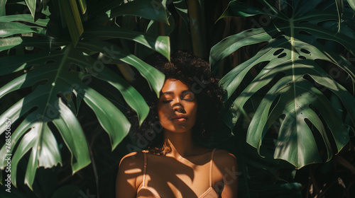 portrait of a black woman surrounded by monsterra leaves on a summer day