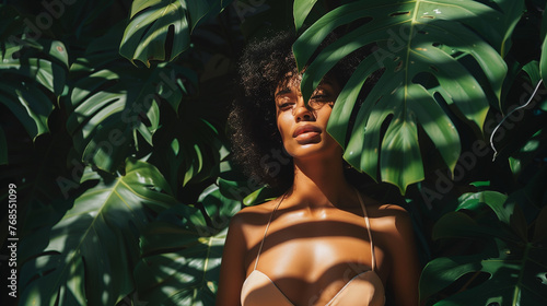 portrait of a black woman surrounded by monsterra leaves on a summer day photo
