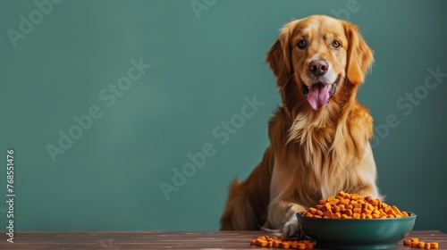 Golden retriever enjoying a meal of dog food in a minimalist setting