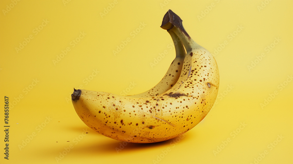 A banana with spots on it, placed against a yellow background. The studio lighting highlights the textures and colors of both fruit and spots, creating an appealing visual contrast A banana with spots on it, placed against a yellow background. The studio lighting highlights the textures and colors of both fruit and spots, creating an appealing visual contrast