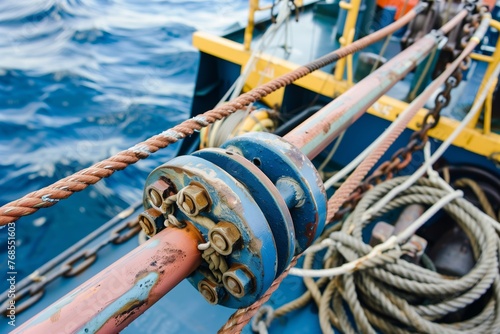 closeup of a supply vessel towing winch with ropes and chains © studioworkstock