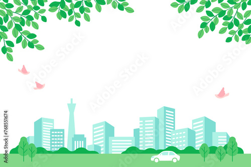 Scenery of fresh greenery and cityscape