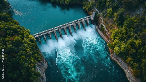 Aerial view of a dam releasing water into a river amidst lush greenery.