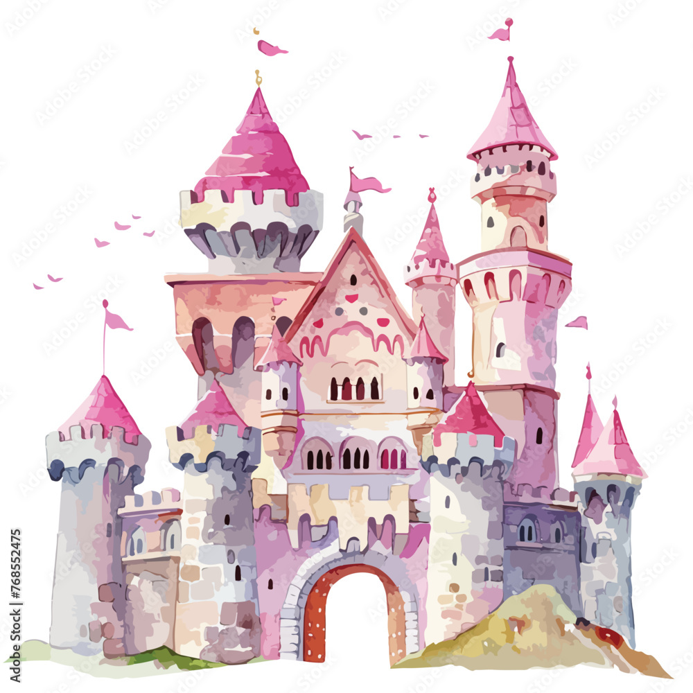 Princess castle watercolor clipart isolated on white