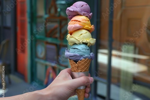 cyber hand holding a cone with multiflavored scoops towering photo