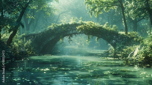 Mystical forest scene with an old stone bridge over a tranquil river, surrounded by lush greenery and soft sunlight filtering through the trees.