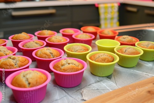 bright silicone molds filled with glutenfree muffin mixture on a countertop photo