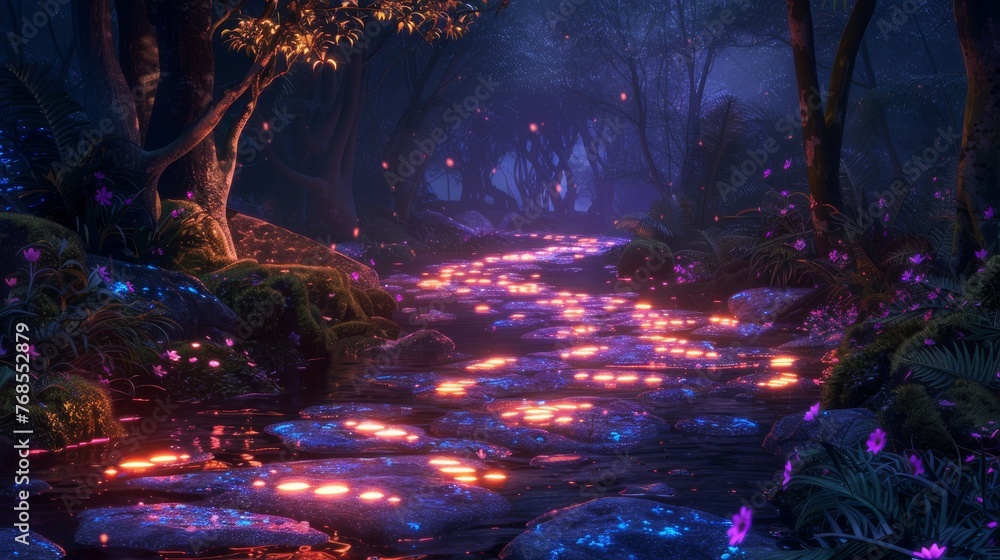 Fototapeta premium A night scene with glowing footprints on a path, utilizing color gradients to suggest a magical presence.