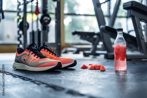 sneakers on gym floor with a clear bottle of fruit infusion © studioworkstock