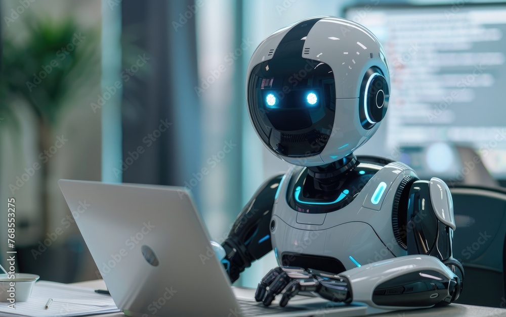A robotic character using a laptop, hinting at a future where machines interact with technology A robotic character using a laptop, hinting at a future where machines interact with technology