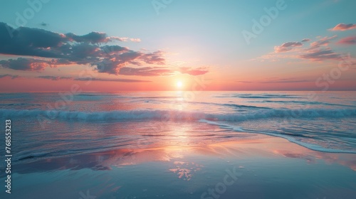 A serene beach scene at sunset  with a glass blur effect overlay on the horizon line to simulate a gentle  dreamy transition between sky and sea.