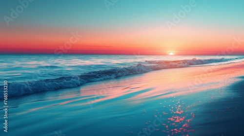 A serene beach scene at sunset, with a glass blur effect overlay on the horizon line to simulate a gentle, dreamy transition between sky and sea.