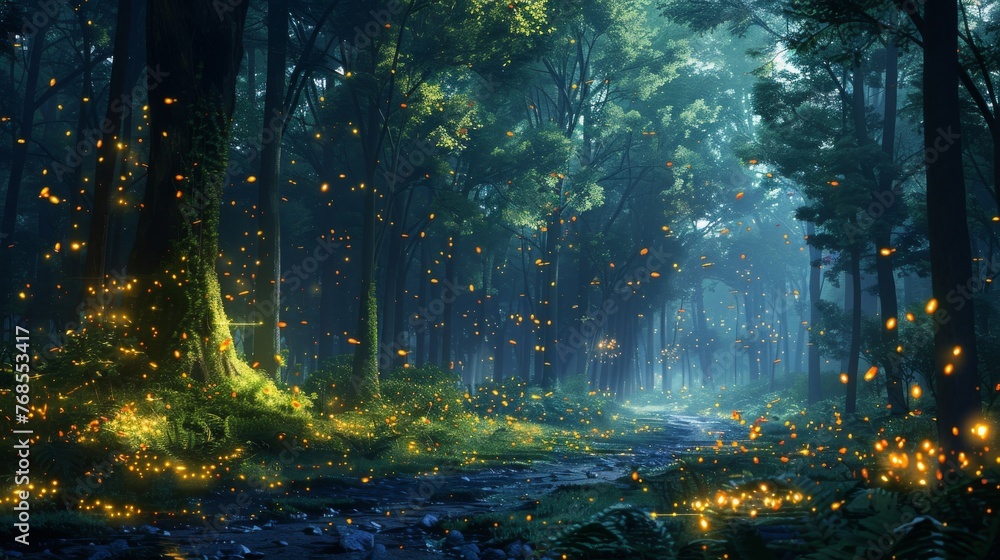 A serene forest at night, illuminated by thousands of fireflies, showcasing soft light and shadow techniques.