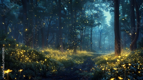 A serene forest at night, illuminated by thousands of fireflies, showcasing soft light and shadow techniques. © Warut